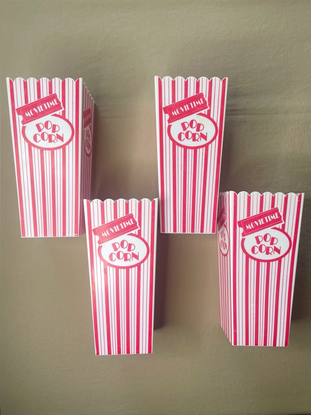Set of 4 Movie Time Popcorn Buckets Vintage Plastic Tubs Striped Home Theater